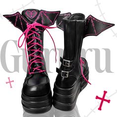 This price is for a pair of boots only.   	 		 			Size 			34 			35 			36 			37 			38 			39 			40 		 		 			Foot Length 			22 			22.5 			23 			23.5 			24 			24.5 			25 		 		 			Heel 			10 			10 			10 			10 			10 			10 			10 Goth Boots Vampirefreaks, Pink Bat Shoes, Hot Pink Goth Shoes, Gothic Shoes Platform Pink, Goth Shoes Platform Neon, Draculaura Shoes Women, Demonia Bat Shoes, La Moda Boots Hearts, Heart Platforms Boots