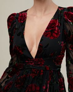 Made from floral burnout velvet, this dress is ruched to hug the figure, and has puffed sleeves that frame the plunging neckline, as well as a high side slit. Figure hugging Puff sleeves Plunging neckline High side slit 80% Rayon 20% Nylon Hand wash with cool water. Do not bleach. Do not tumble dry. Hang dry. Do not iron. December Wedding Guest Dress Long Sleeve, Whimsigoth Bridesmaid Dress, Dark Floral Outfit, Edgy Wedding Guest Outfit, Dark Yellow Dress, Edgy Feminine Outfits, Black Dress With Roses, Velvet Dress Outfit, Burgundy Clothes