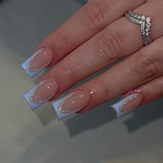 Classical square blue french tips with a bit of spark All Acrylic Nails, Blue Tip Nail Designs, Babyshower Nails For Boys, Blue French Tip Nails With Glitter, Frenchie Nail Ideas, Cute Blue Acrylic Nail Ideas, Blue Nails For Baby Boy Shower Ideas, Blue Frenchies Nails, Blue Nail Inspired