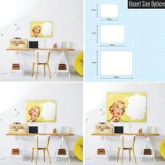 three different views of a desk with a computer on it and a yellow chair next to it