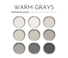 six different shades of gray paint with the words warm grays above them and below it