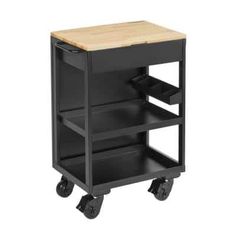 a black rolling cart with two shelves on each side