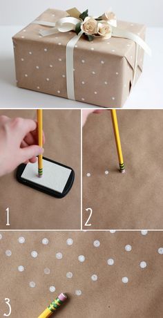 the instructions for how to make a diy gift wrapper with pencils and paper