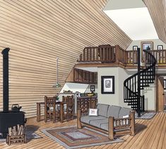 an artist's rendering of a living room with wood flooring and staircases