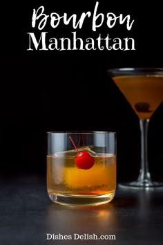 the bourbon manhattan cocktail is garnished with a cherry