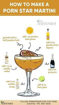 How To Make A Pornstar Martini Passion Fruit Martini Recipe, Passion Fruit Cocktail Recipes, Passion Fruit Cocktail, Vanilla Cocktail, Passionfruit Martini, Passion Fruit Martini, Bartender Drinks Recipes, Bartender Drinks, Prosecco Cocktails