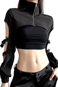 High Neck Extreme Crop Top Techwear Jacket for Women Types Of Turtlenecks, Cyberpunk Fashion Women, Turtleneck Streetwear, Arcane Oc, Streetwear Fashion Black, Styl Grunge, Turtleneck Pattern, Moda Grunge, Techwear Jacket