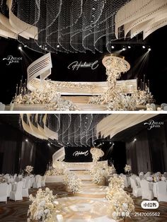 two pictures of a wedding stage with chandeliers and white flowers on the floor