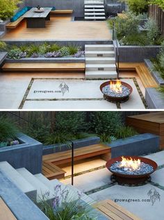 this modern backyard has an outdoor fire pit and seating area, along with steps that lead up to the deck