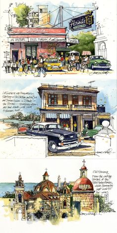 two drawings of different buildings with cars parked in front