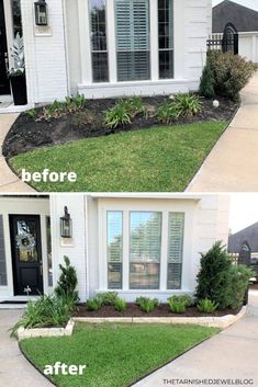 before and after photos of a front yard landscaping project