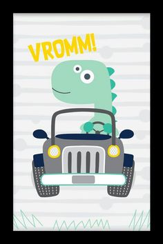 a dinosaur driving a jeep with the words vromm on it