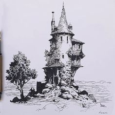 a drawing of a castle on top of a rock