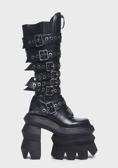 cuz posers aren't welcome here. These knee-high boots have a vegan leather construction, elastic side gussets, adjustable buckled grommet straps, O-ring hardware, side zip closures, and a triple-stacked platform and heel. Platform Goth Boots, Chunky Shoes Aesthetic, Goth Heels, Punk Plaid, Boots Design, Gothic Mode, Goth Boots, Gothic Emo, Goth Shoes