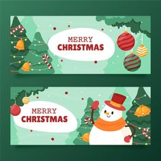 two merry christmas banners with snowman and baubles on the green background illustration