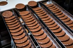 chocolate cookies are lined up on a conveyor belt