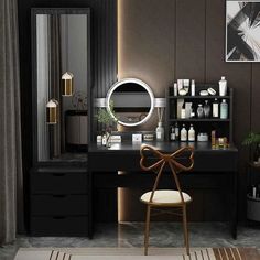 a room with a vanity, mirror and stool in it