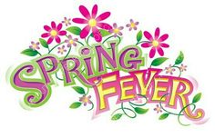 the words spring fever written in colorful lettering with flowers and leaves around it on a white background