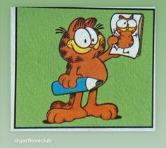 an image of garfield the cat holding a pencil and paper in one hand while reading a book