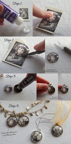 the instructions for how to make an old photo necklace with buttons and charms on it