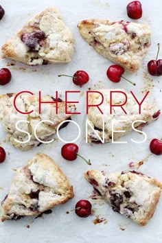 cherry scones are arranged on a sheet of paper with the words cherry so ones above them