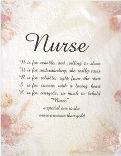 a card with the words nurse written in black ink on white paper and pink flowers