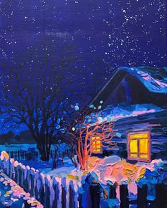 a painting of a snowy night with a house in the foreground and trees on the other side