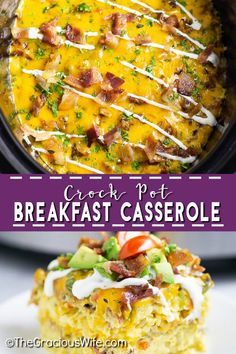 this crock pot breakfast casserole is loaded with bacon, cheese and avocado