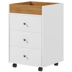 a white cabinet with three drawers on wheels