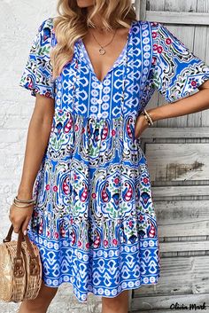 Olivia Mark - Cerulean Bohemian Print Tie-Neck Short Dress with Ruffle Hem Bohemian Print Dress, Printed Short Dresses, Dress Well, Chic Bohemian, Cotton Blends Dress, Bohemian Print, Dress With Tie, Neck Ruffle, Printed Ties