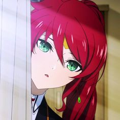 an anime character with red hair and green eyes