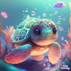 a painting of a turtle swimming in the ocean with bubbles and fish around it's neck