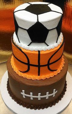 a three tiered cake with a soccer ball on top