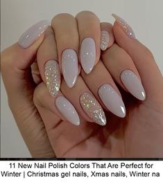 11 New Nail Polish Colors That Are Perfect for Winter | Christmas gel nails, Xmas nails, Winter nail Almonds Christmas Nails, Almond Winter Acrylic Nails, Short Nail Ideas For December, Near Years Nails, Light Gray Nails Acrylic, Almond Shaped Holiday Nails, January Aesthetic Nails, Trending Winter Nails 2024, December Nail Ideas Almond