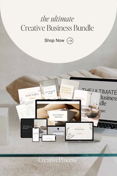 the ultimate creative business bundle is on display in front of a laptop and other items