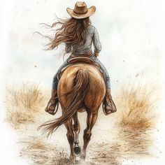 a drawing of a woman riding on the back of a brown horse in a field