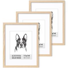 three wooden frames with an image of a dog in black and white on the front