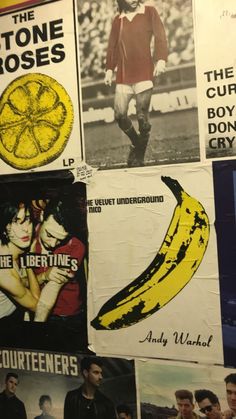 a wall covered with posters and pictures of people in soccer uniforms, including a banana