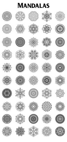 an image of many circular designs in black and white, with the words mandals written