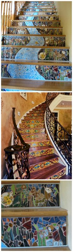 the stairs are decorated with colorful tiles