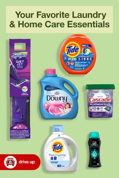 various household care products are displayed on a green background with the words, your favorite laundry & home care essentials