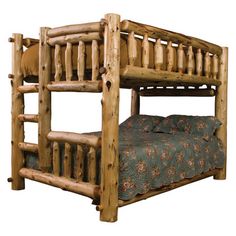 a wooden bunk bed sitting on top of a white floor