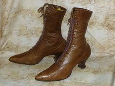 "One pair of Antique Victorian/Edwardian Titanic era Leather Shoes Boots. The boots are a brown leather, The boots are a brown leather, lace up, I do not think the laces are original.  They have a 2 1/2\" heel and lace up the front. Bottom soles are leather, and do show wear.    They are in nice vintage condition.   Leather is soft, there is some minor scuffing. I have not cleaned or polished these shoes.     Measurements- 10\" heel to toe 2 3/4\" across bottom sole at widest point, overall height 10 1/49 3/4\"-these measurements are taken on the outside of the boot.  I always recommend measuring one of your own garments, that fits well, in the same manner for comparison.  Returns are not accepted on clothing or accessories due to size, fit or color. Please check out the photos as this is Vintage Brown Lace-up Boots, Victorian Laceup Boots, Vintage Lace-up Boots With Reinforced Heel, Edwardian Boots, Brown Lace Up Boots Victorian, Granny Boots, Lace Front Top, Victorian Boots, Stage Photo