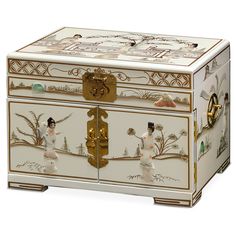 a white and gold decorated chest with figures on it