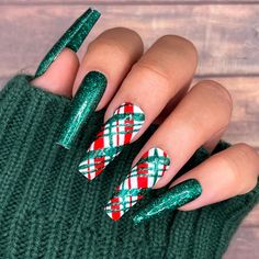 Green Glitter Plaid Press on Nails Christmas Nails Winter - Etsy Girl Secrets, Plaid Nails, Cute Christmas Nails, Christmas Nails Acrylic, Christmas Nail Designs