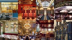 a collage of photos with people sitting at tables and dining in the middle one has an ornate chandelier