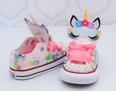 How adorable are these unicorn inspired converse! The perfect shoe to complete the look!Please leave your name needed in the notebox during checkoutVisit the tutu section or search bar for the matching outfit!If you are unsure of sizing please scroll to the last photos for our size charts, or visit our size charts here--> https://pinktoesnhairbows.com/pages/size-chartAll sales are FINAL, Ship dates can be found directly on the listing, please view our policies in detail here---> https://pinktoes Unicorn Shoes, Overalls Boys, Tutu Dress Costumes, Bling Converse, Pink Toes, Girls Overalls, Girls Converse, Matching Outfit, Birthday Tutu