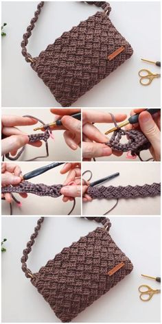 crocheted purse being worked on by someone using scissors and knitting yarn to make it