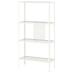 a white shelving unit with three shelves and two baskets on the bottom shelf, in front of a white background