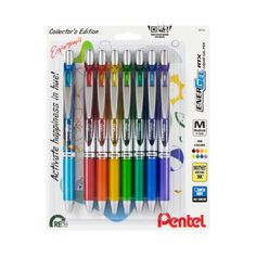 a set of six pens with different colored inks in it's packaging box